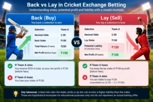 Hypothetical cricket exchange infographic comparing a ₹100 Back stake and ₹150 Lay liability at decimal odds of 2.50.
