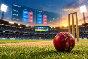 Illustration of a cricket pitch and ball for an educational cricket exchange betting guide.