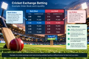 Illustrative cricket exchange order book showing available amounts at different prices for Back and Lay orders.