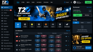 T20 Exchange dashboard interface mockup showing cricket matches and navigation options